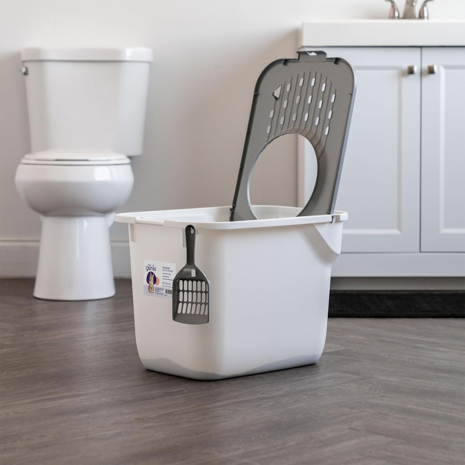 Litter Genie Large Cat Litter Box, Top Entry w/ Catching Lid & Scoop, White/Gray