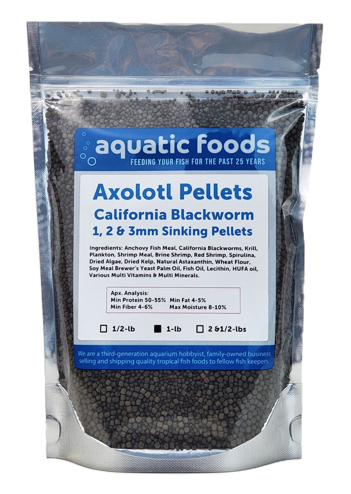 Axolotl Blackworm Pellets, California Blackworm 1, 2 & 3mm Sinking Pellet Mix