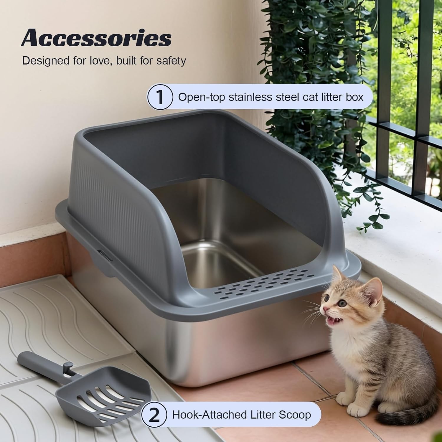 Stainless Steel Cat Litter Box W/ High Sided Lid Metal Kitty Litter Box W/ Scoop