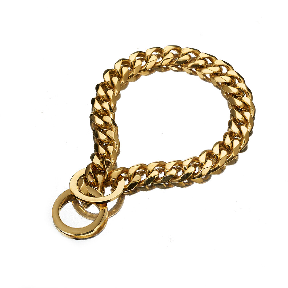 10/12/15/17/19mm Gold Curb Cuban Link Dog Chain Collar Stainless Steel 12″-32″