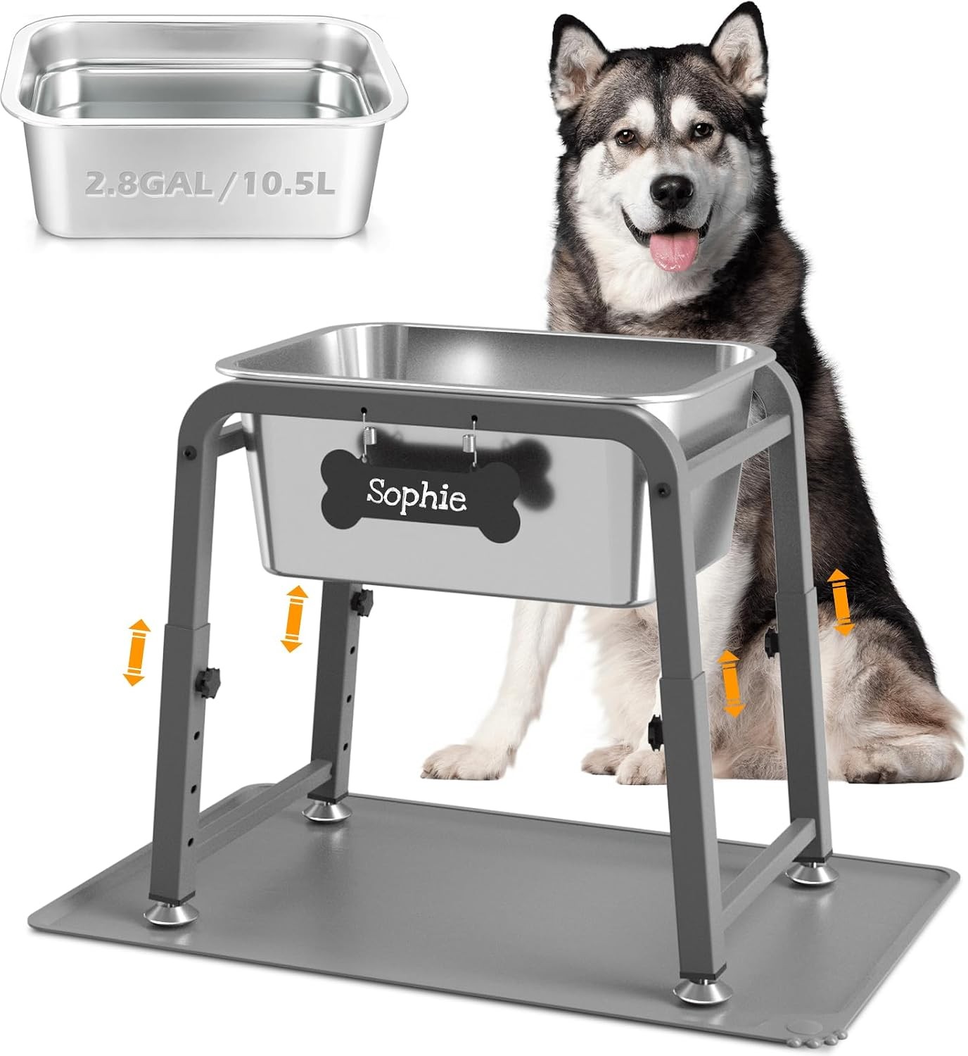 2.8 Gallon Elevated Large Dog Water Bowl W/ Mat 4 Height Adjustable 10.4-15.2″