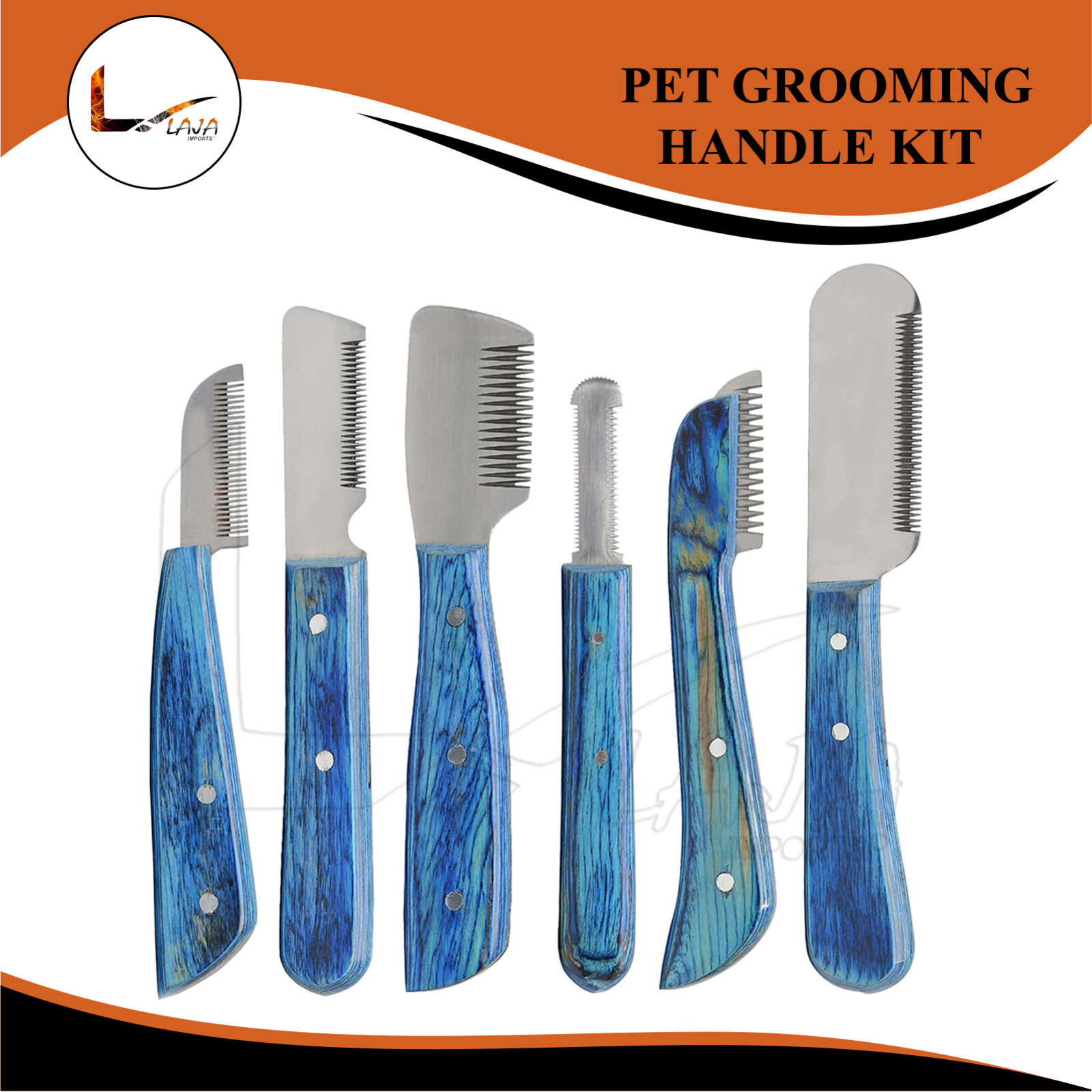 6 Pet Grooming Stripping Knife Classical Style Wooden Handed Blue Handle VT-171