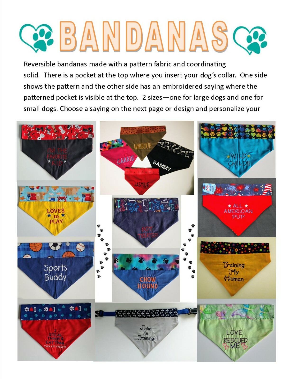 PERSONALIZED reversible embroidered over the collar DOG BANDANA – Design Ur Own!