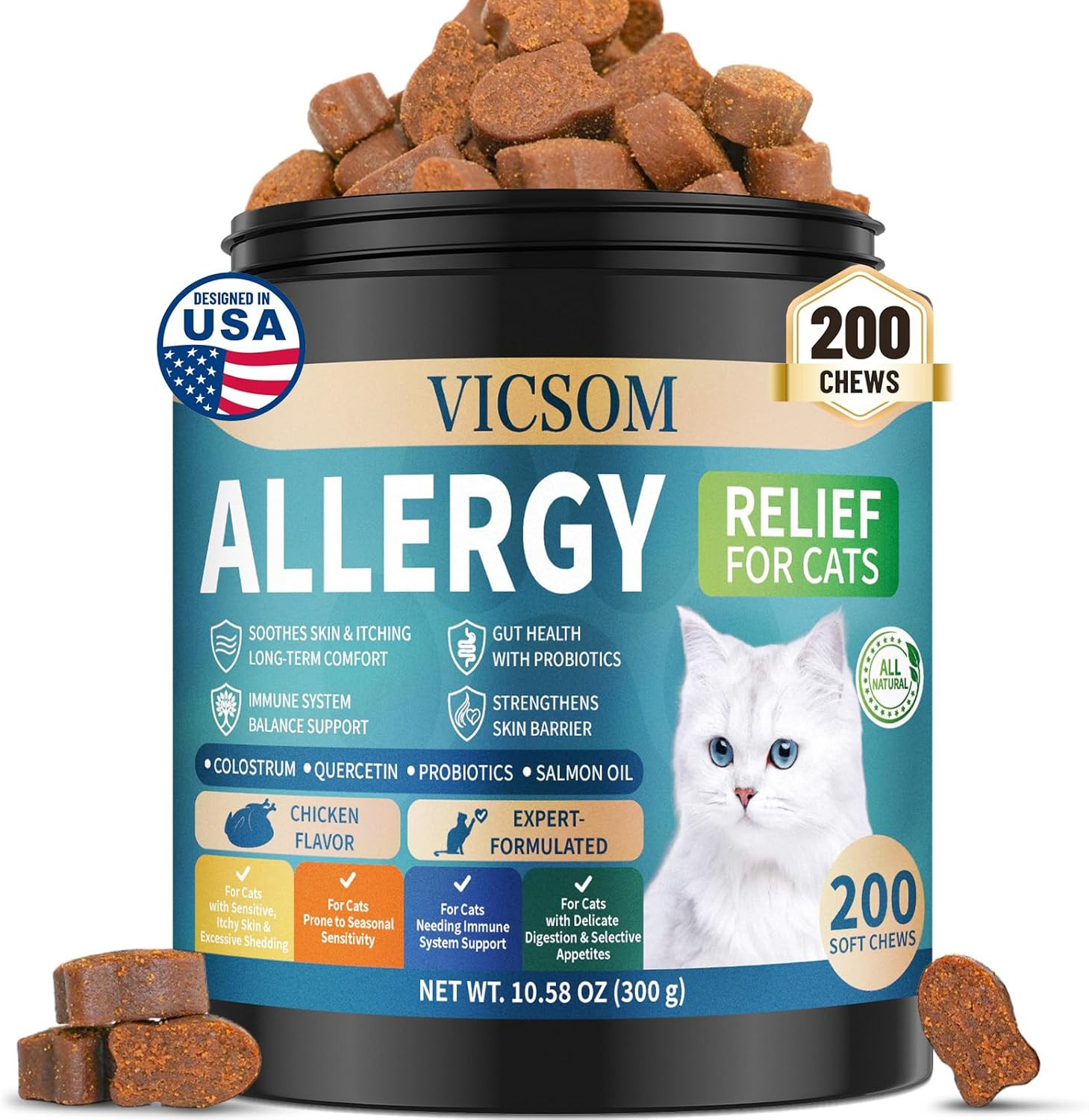 200 Natural Cat Allergy Relief Chews, Cat Itchy Skin Allergy Relief & Immune Sup