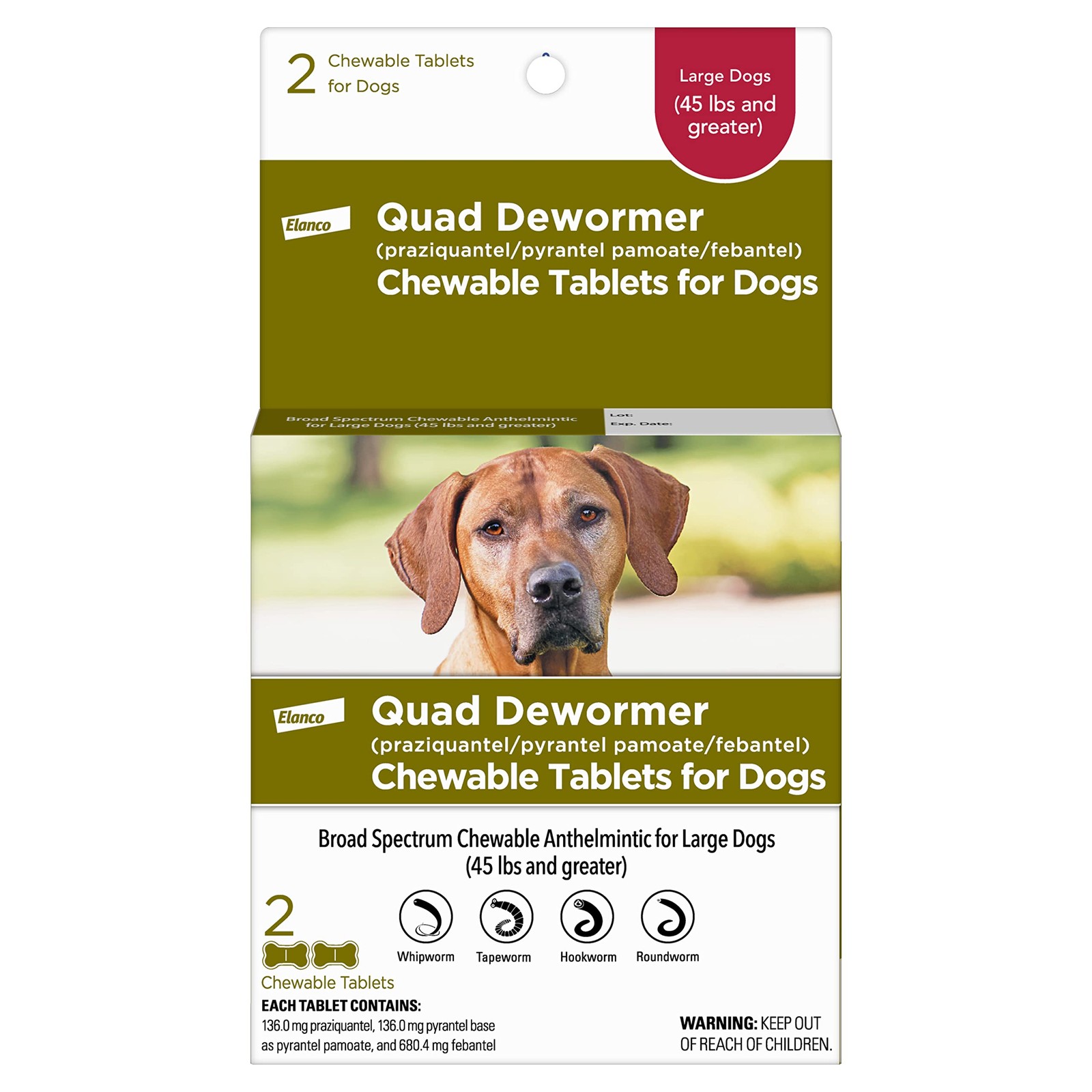 Elanco Chewable Quad Dewormer for Large Dogs, 45 lbs and Dog, White