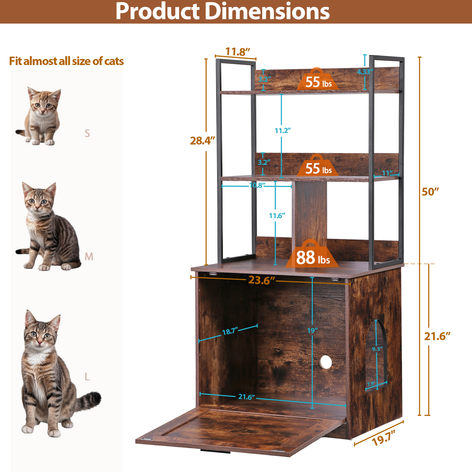 50″ Cat Litter Box Enclosure w/ Shelves 2-in-1 Hidden Litter Box Furniture Brown