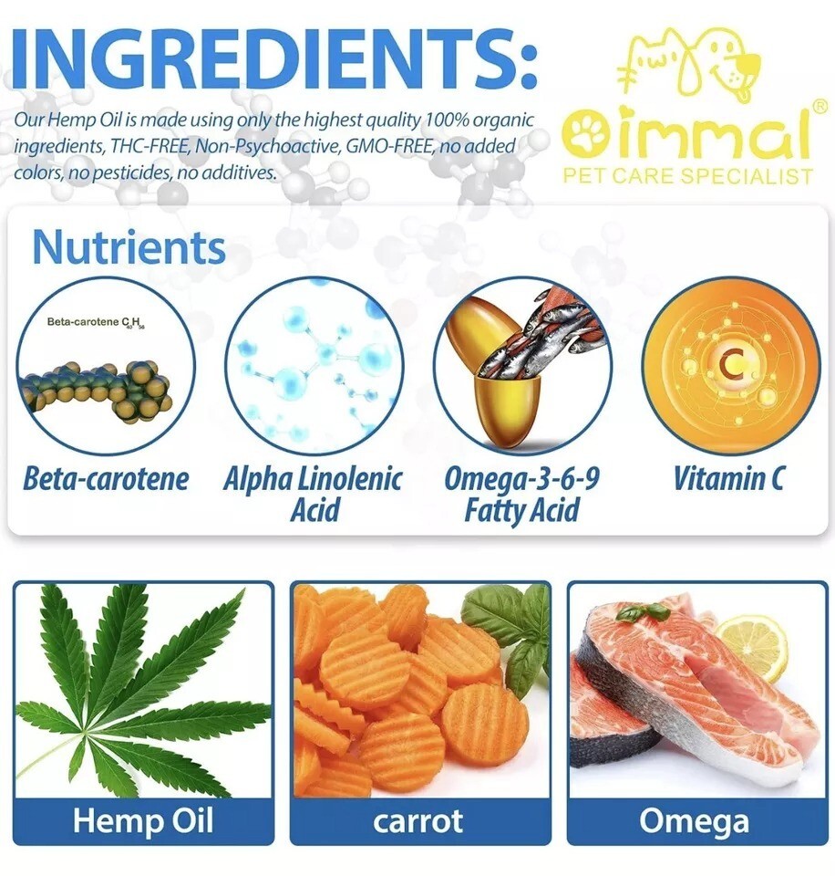 Hemp Oil for Dogs Cats Anxiety, Pain,Stress Calming Drops 100% Organic 60ML