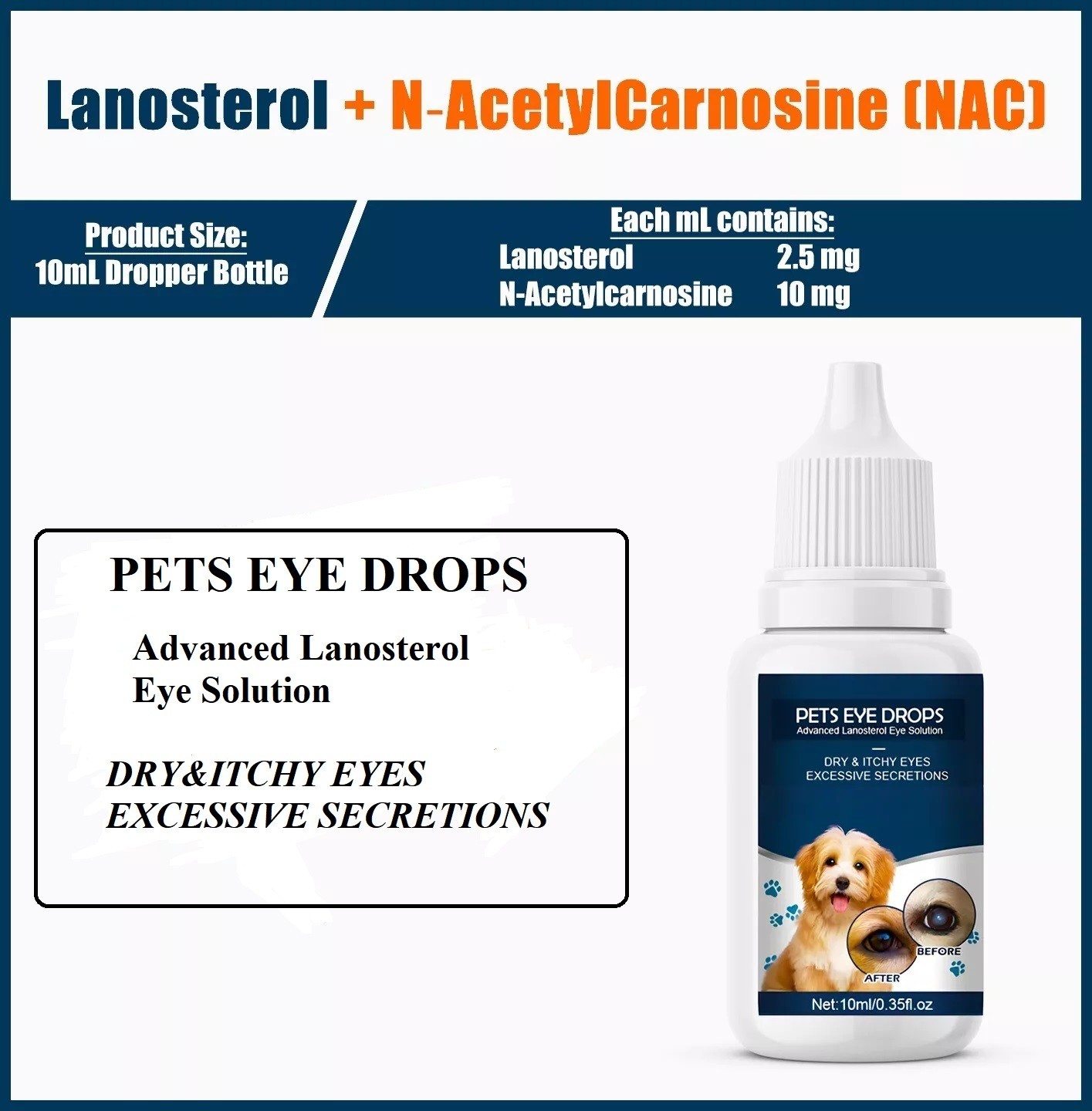Lanosterol+NAC Dog Cat Eye drops/Cataracts, Dry Eyes, Tearing, MAX Strength