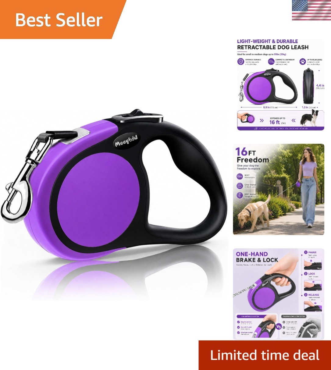 Durable Purple Retractable Dog Leash – 16ft for Small to Large Dogs, 45 lbs Max
