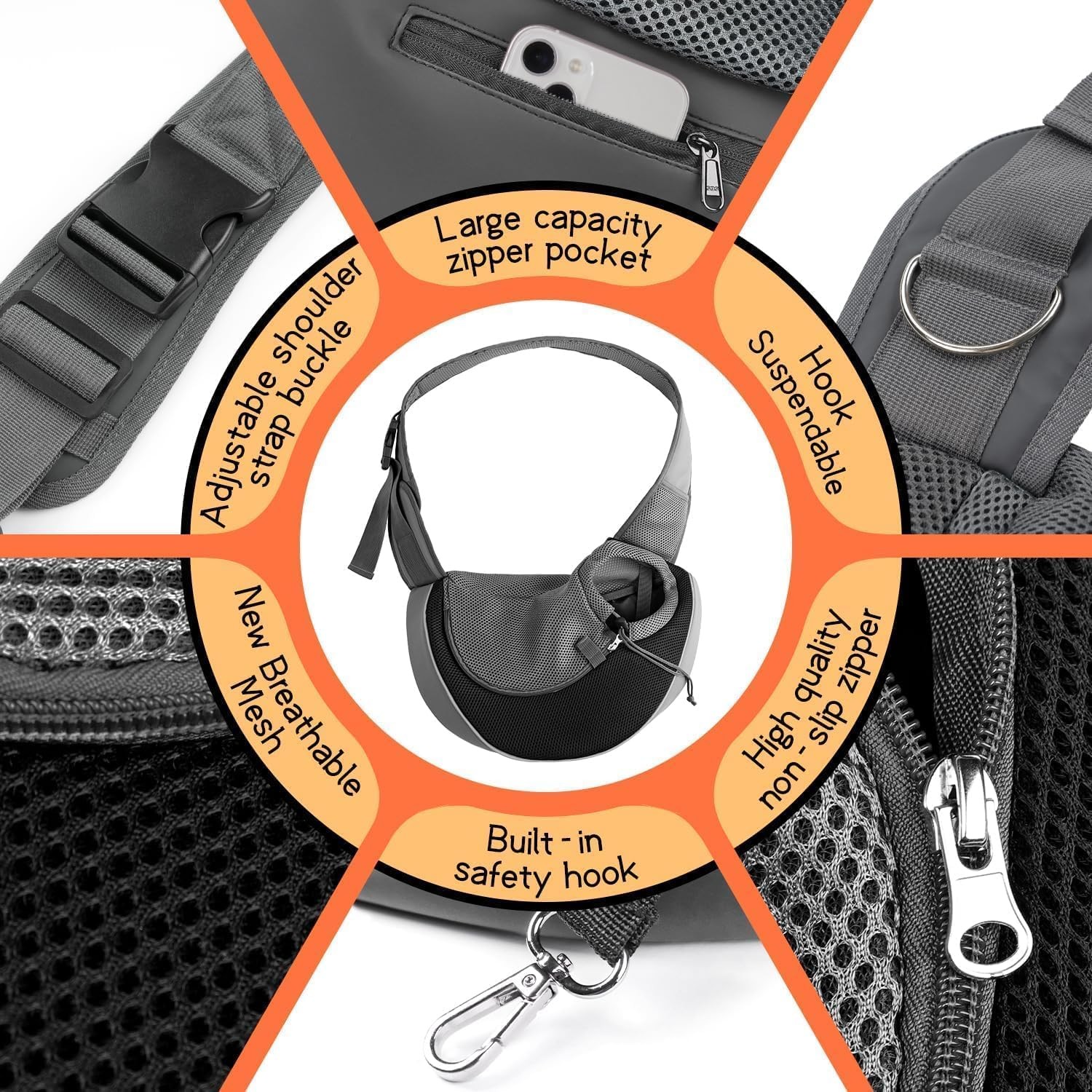 YUDODO Pet Sling Carrier Medium (4.5-9lbs), Black 1.0 Basic (Zipper Pocket)