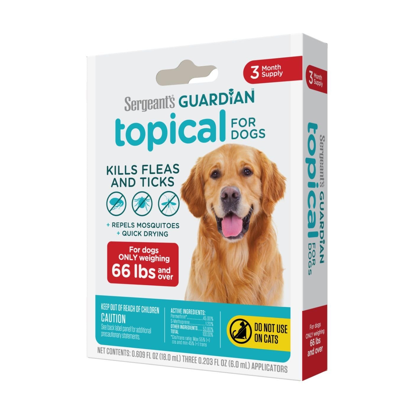 Sergeant’s Guardian Flea & Tick Squeeze On Topical for Dogs, 66+ lbs., 3 Month