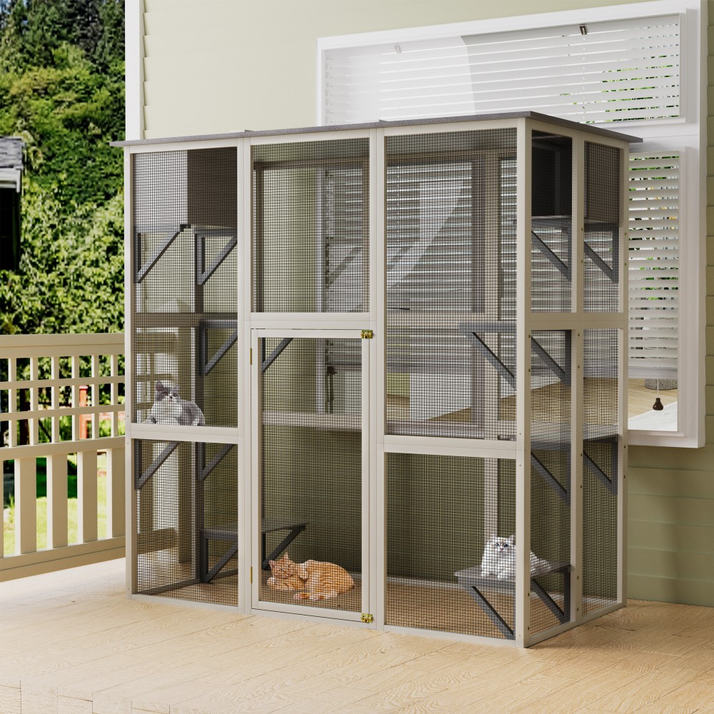 Outdoor Cat House Enclosure Featuring 6 Levels of Platforms Includes 2 Nap Boxes