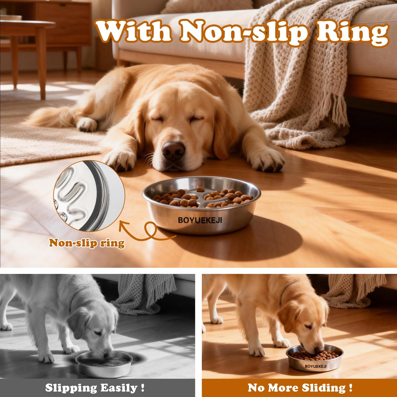 BOYUEKEJI Stainless Steel Slow Feeder Dog Bowl, 304 Grade Medium, Silver gray