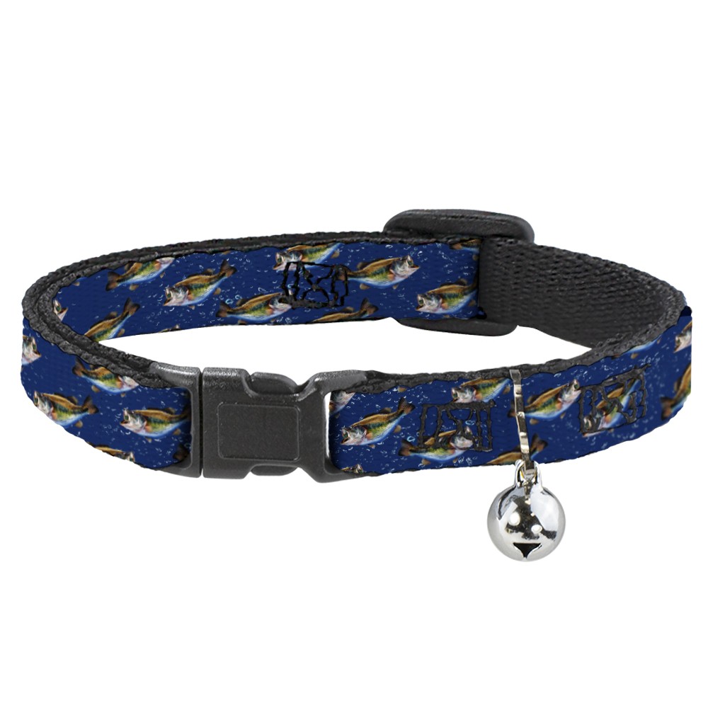 Cat Collar Breakaway with Bell Bass Fish/Water Bubbles NARROW Fits 8.5-12″