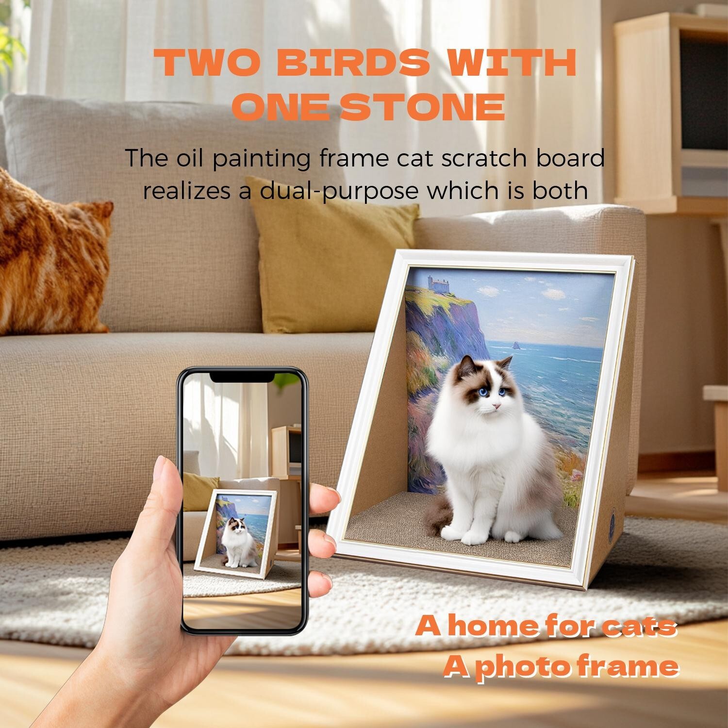 Frame Cat House with Scratching Board, Oil Painting Cat Scratcher Artwork Bed-US