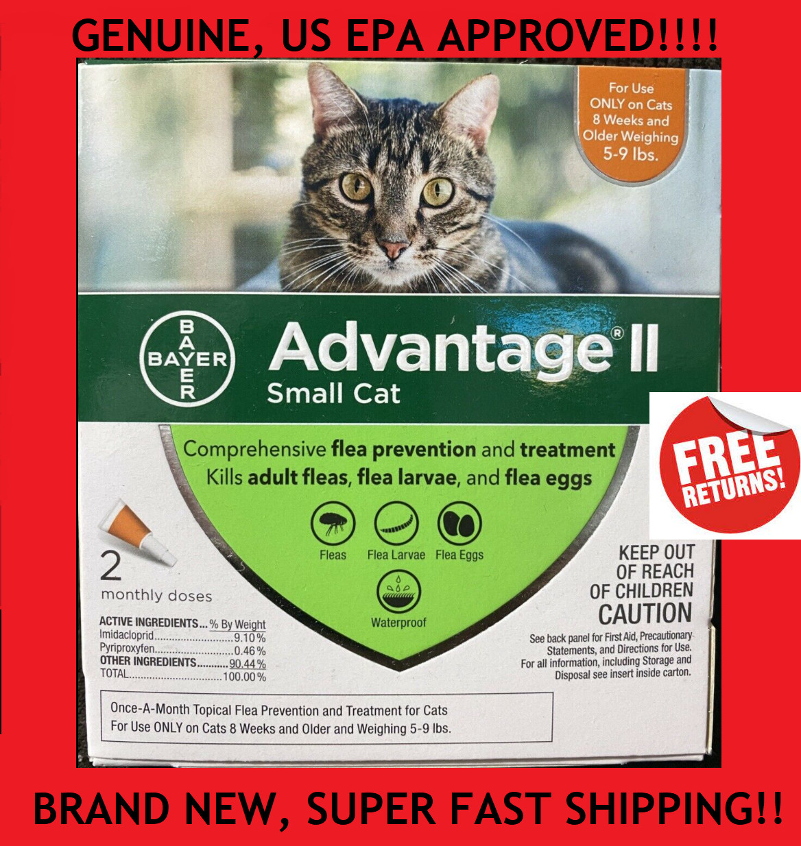 Advantage II Small Cat 5-9 lbs Flea Medicine Drops Topical for Cats 2 Months