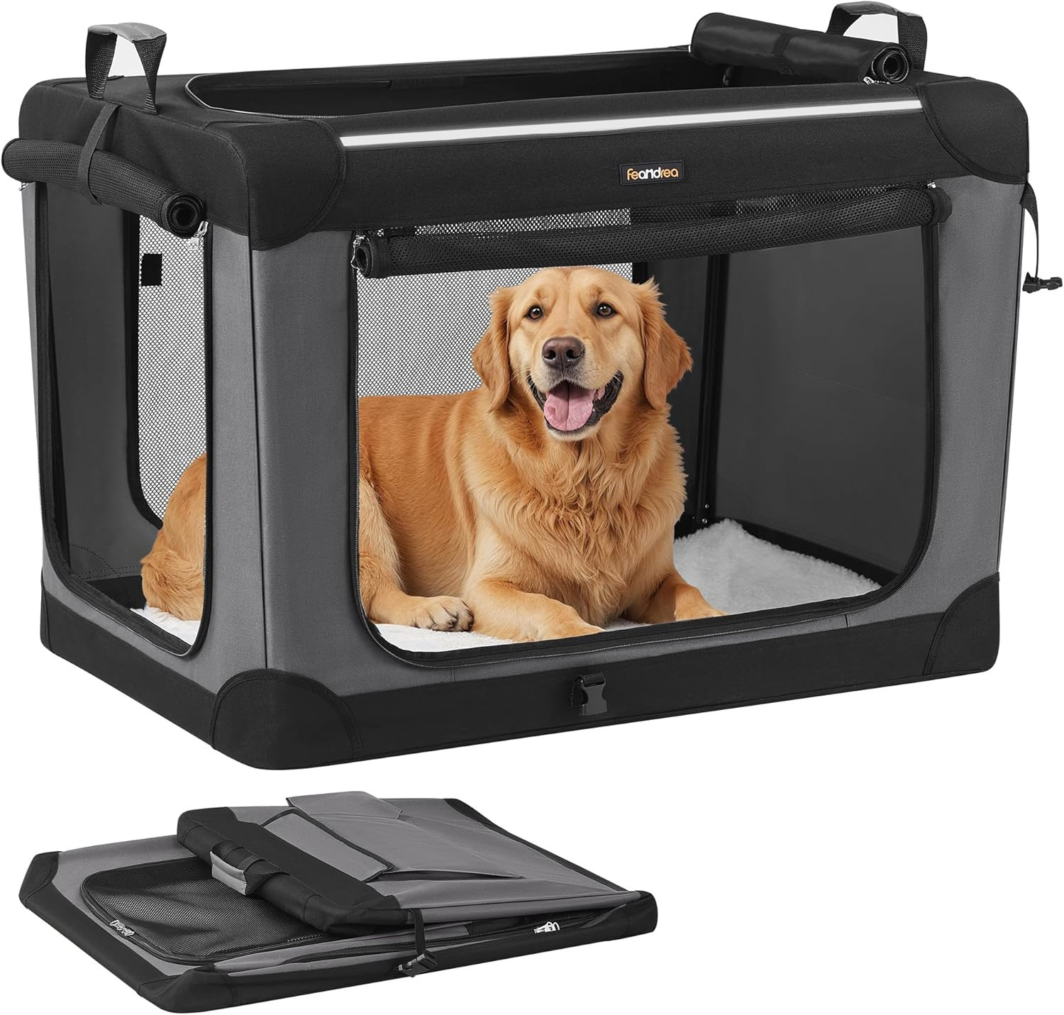Portable 36-Inch Collapsible Dog Crate with Mesh Doors & Storage Pocket