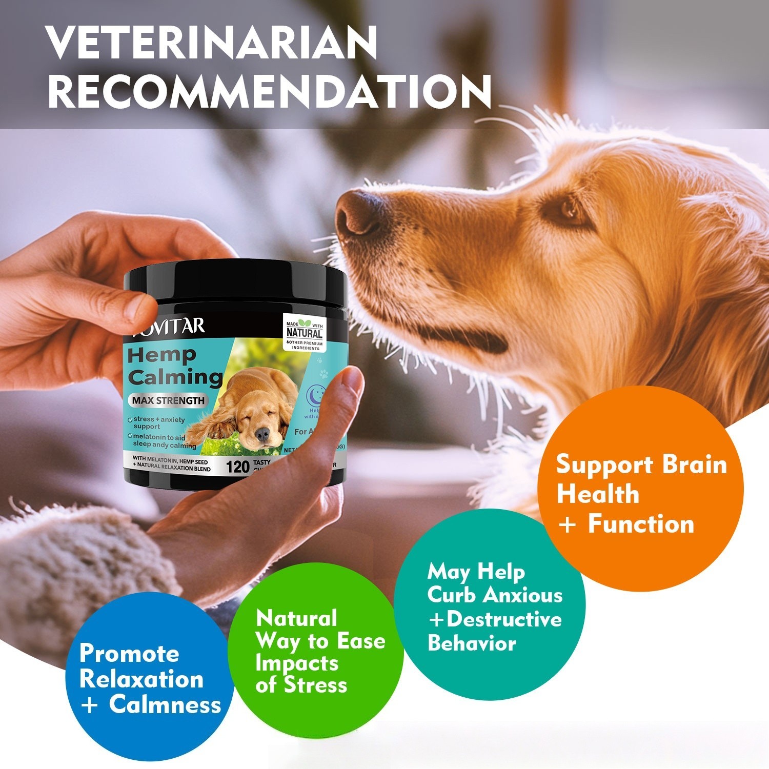 Hemp Calming Max Strength Beef Flavor for Dogs-Dog Stress and Anxiety -120 Count