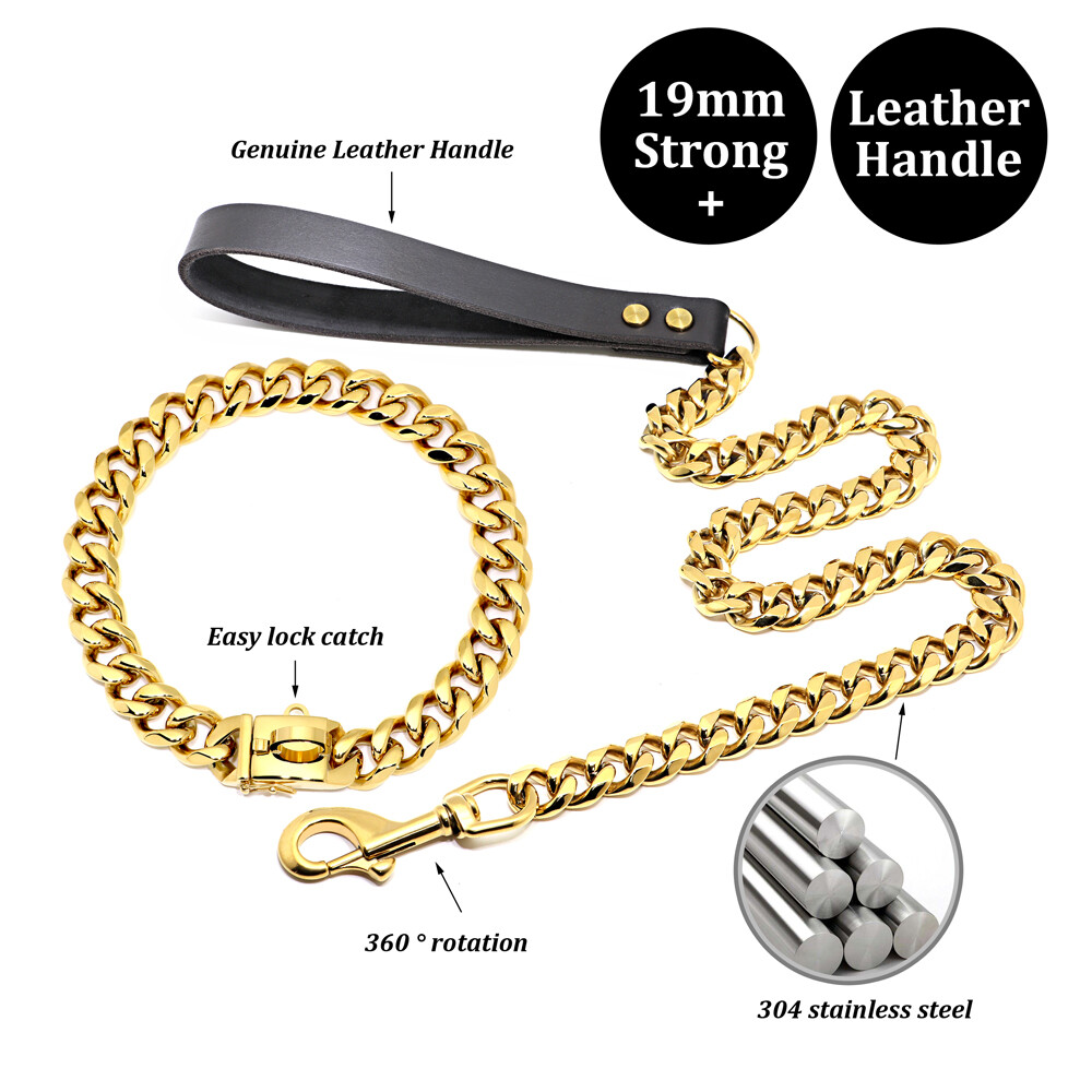 Dog Chain Collar & Leash Cuban Link Heavy Duty Stainless Steel Gold Silver 55cm