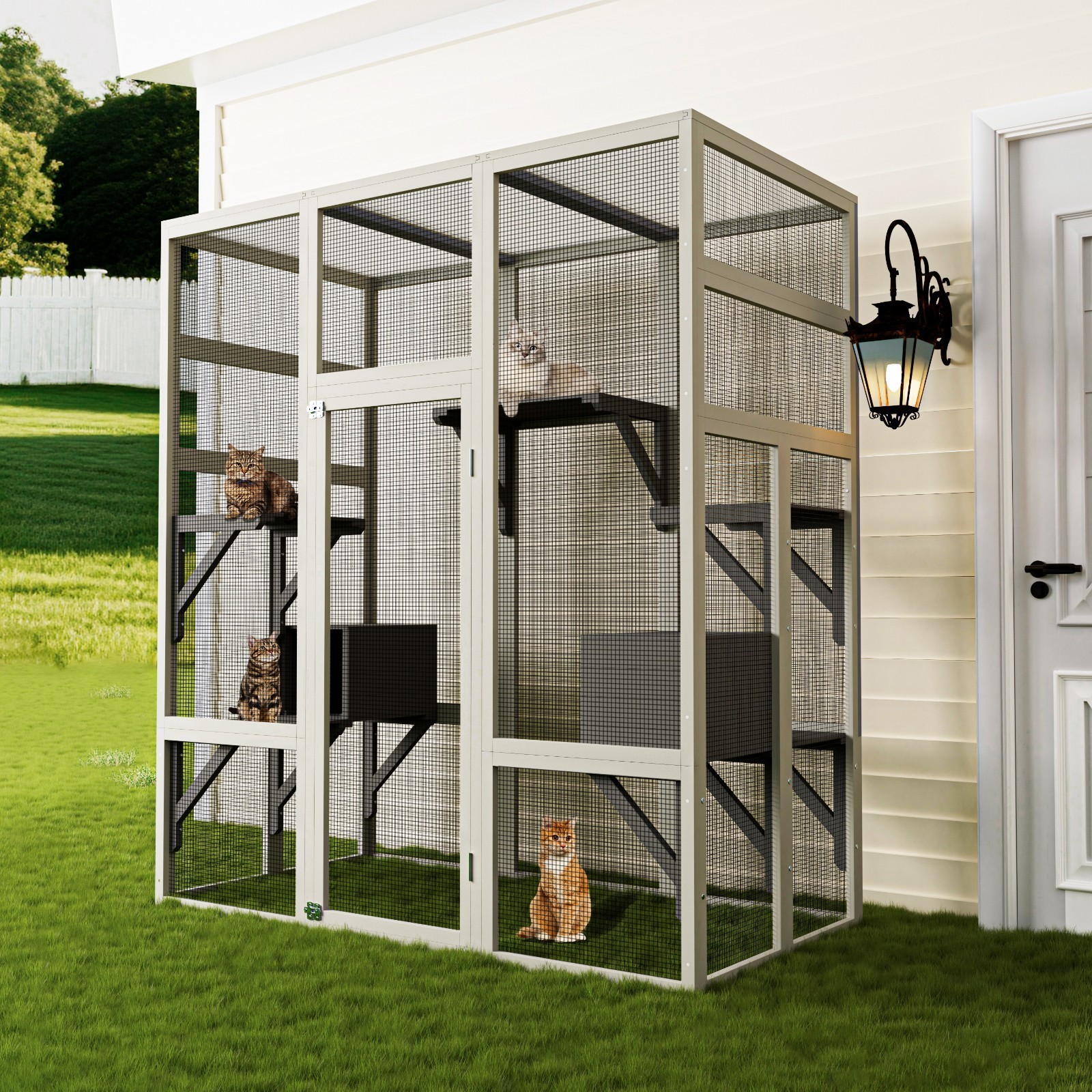 Large Outdoor Catio Wooden Cat House Enclosure with 5 Platform & 2 Resting Boxes