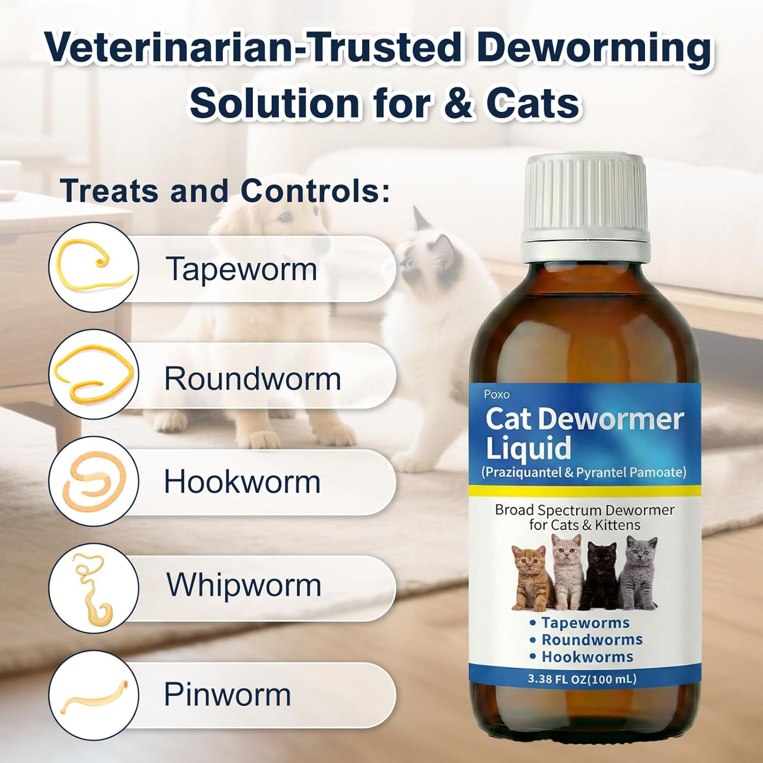 Cat Dewormer Liquid 100ml Praziquantel Pyrantel Kittens Broad Spectrum 6 Weeks+