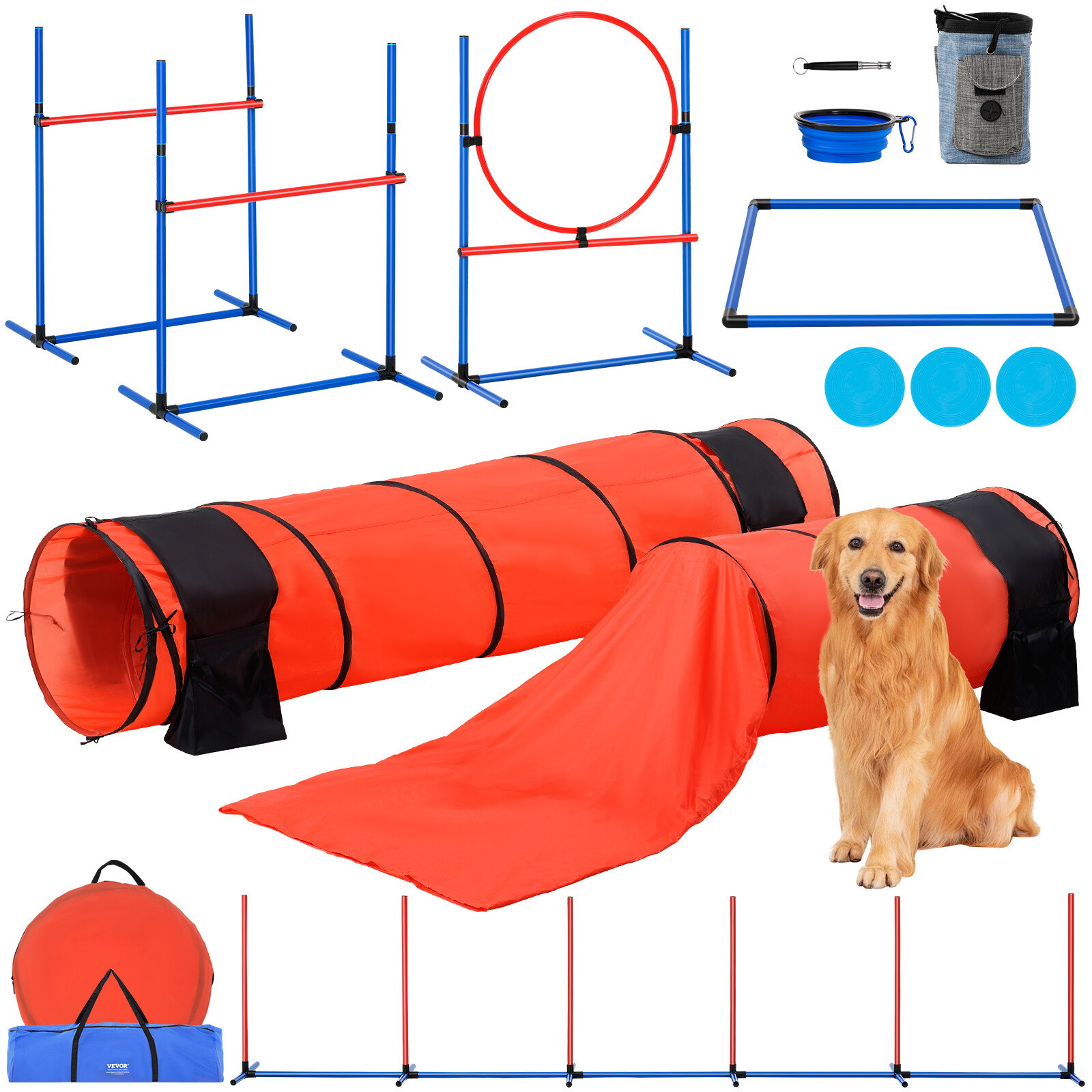 VEVOR Dog Agility Training Kit Equipment 7 PCS Upgrade w/ Hurdles 2 Tunnels Ring