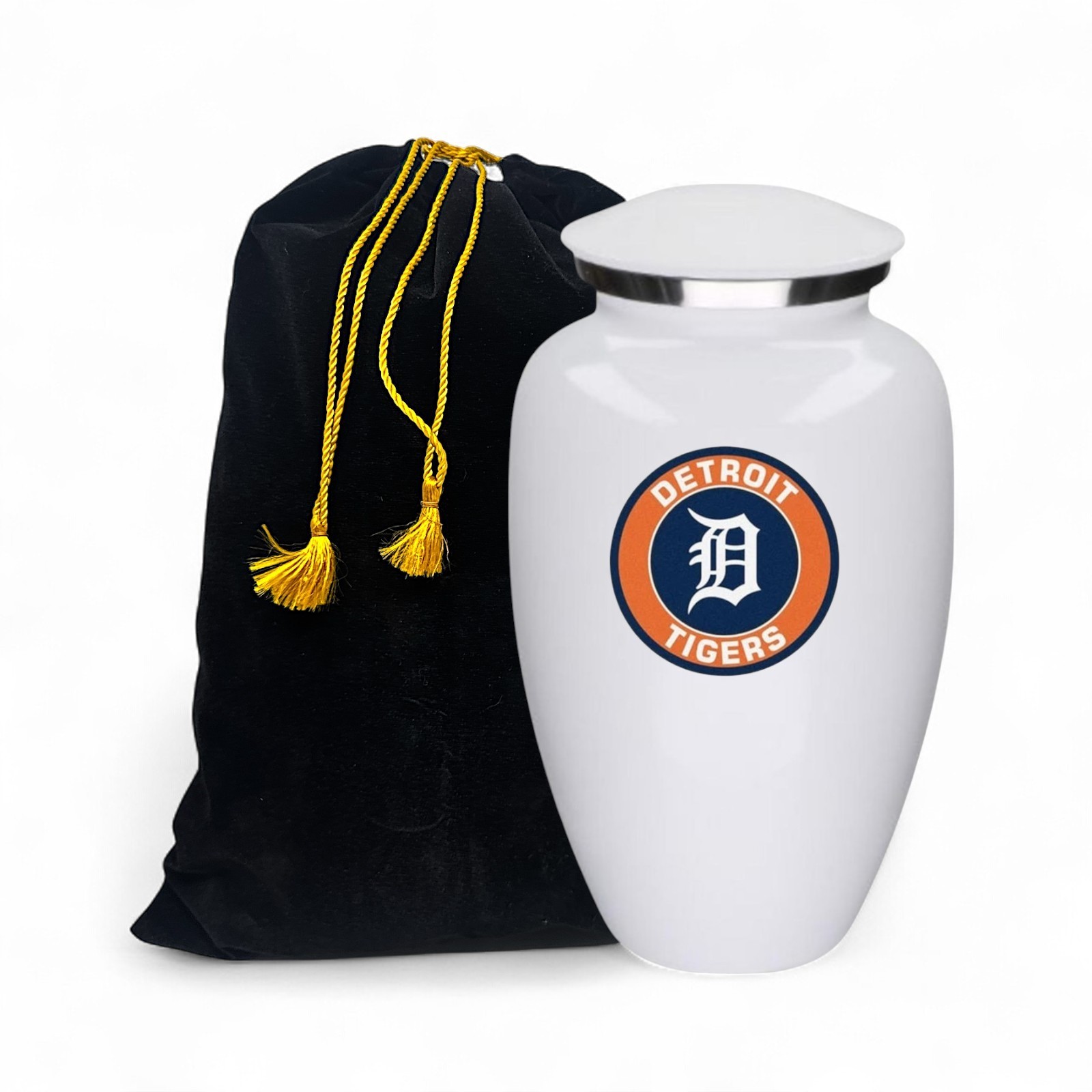 Detroit Tigers Baseball Theme Cremation Large White Urn Adult Human Ashes w/Bag