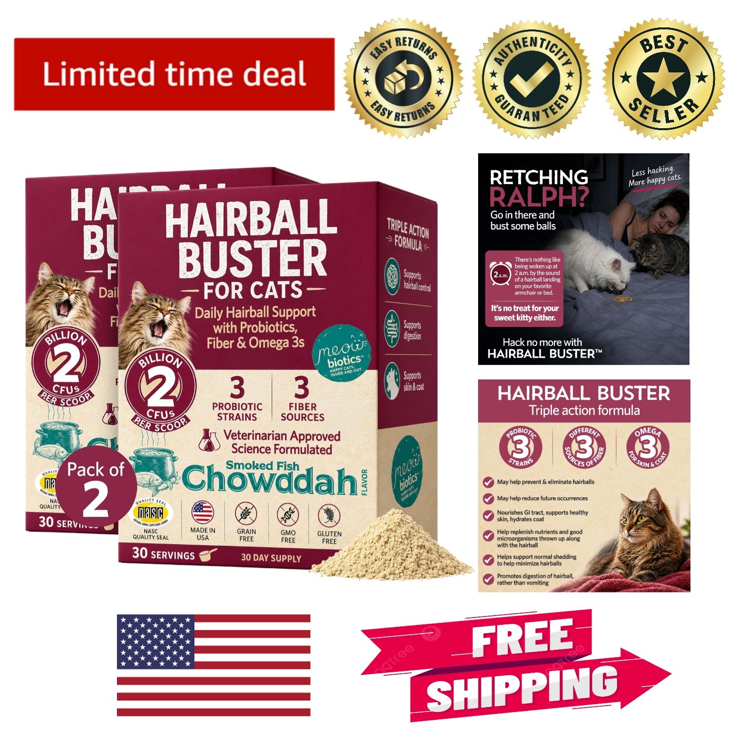 Hairball Buster Cat Powder with Probiotics & Omega 3 – Pack of 2, 60 Days Supply