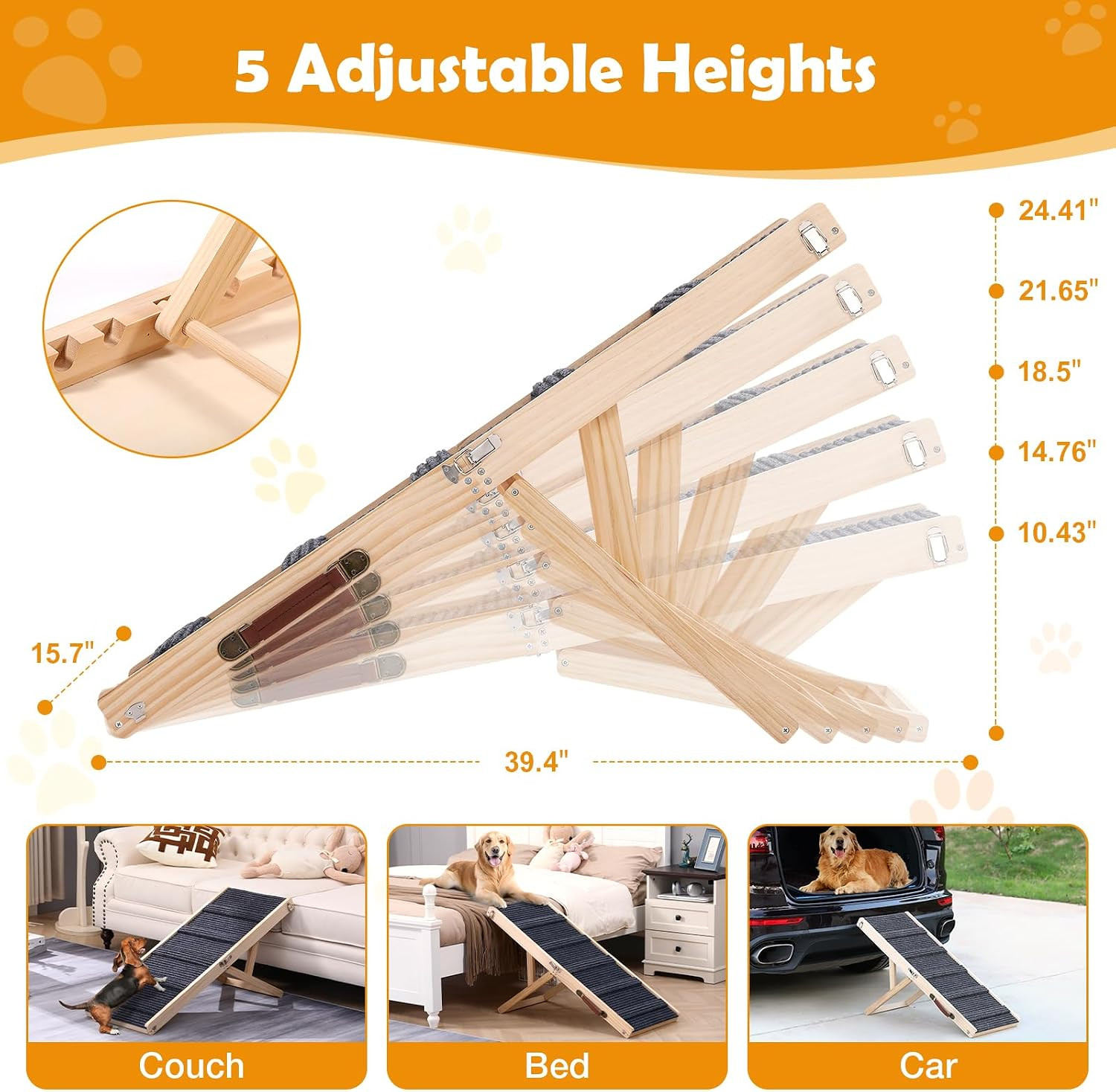 39″ Long Dog Ramp for Bed, Couch & Car – 5 Level Adjustable Height (10.4″ to 24.