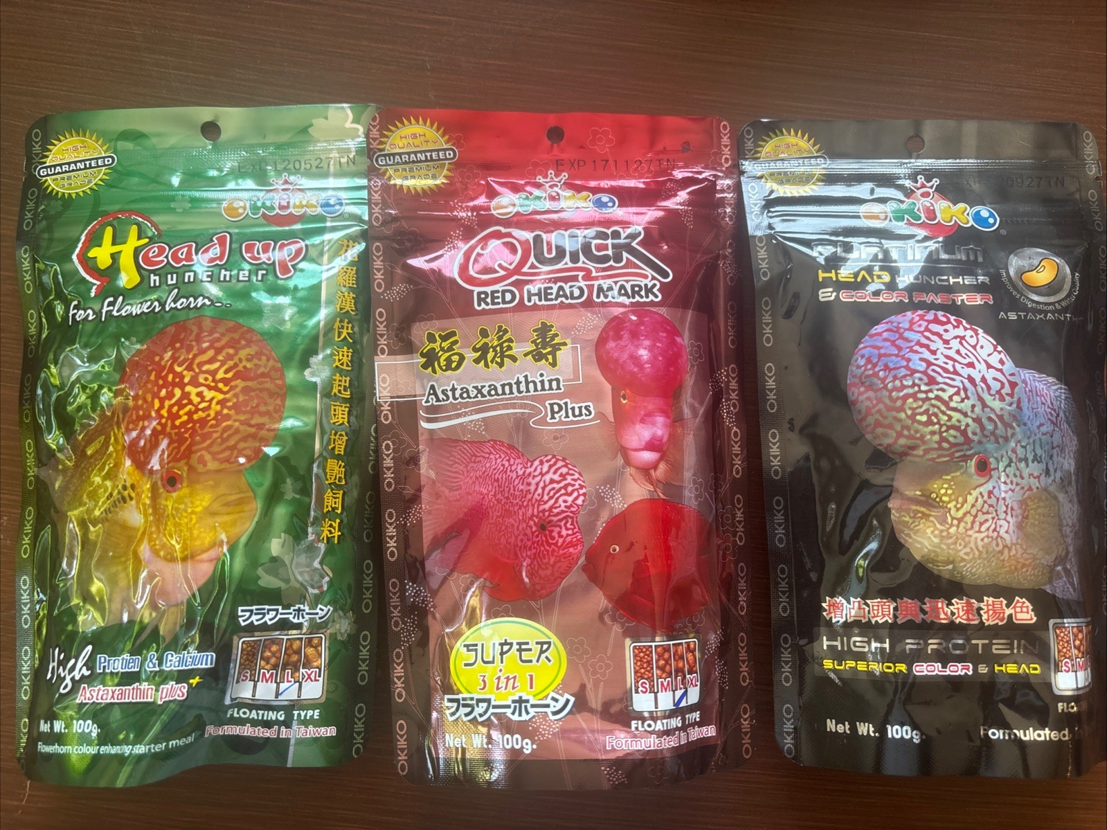 3 pcs Okiko flowerhorn food Cichlid Head Huncher Astaxanthin Color Faster L 100g