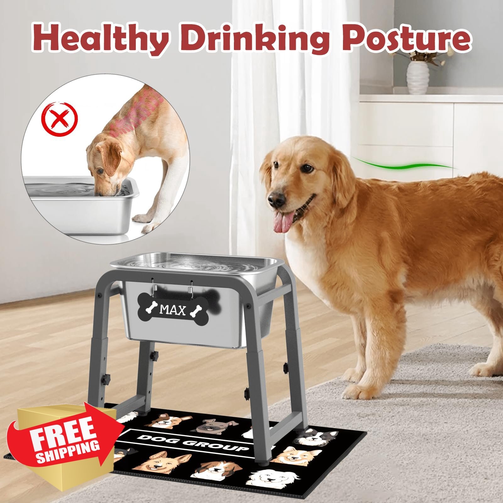 ADENGL 2.8gal Dog Water Bowl 10.4-15.2″ H Spill Proof Mat