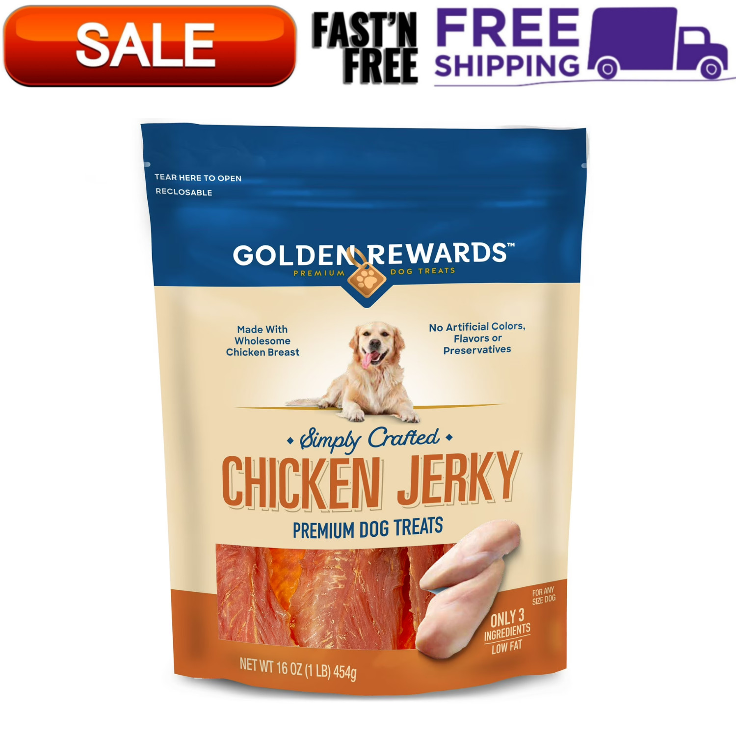 Golden Rewards Chicken Flavor Premium Dry Jerky Treats for All Dogs, 16 oz Bag