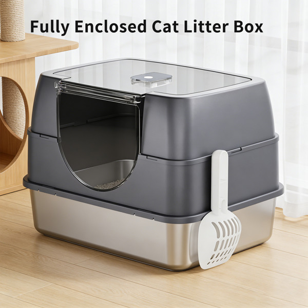 Galaxy Enclosed Gray Cat Litter Box Easy Clean Anti-Spill For Indoor Cats