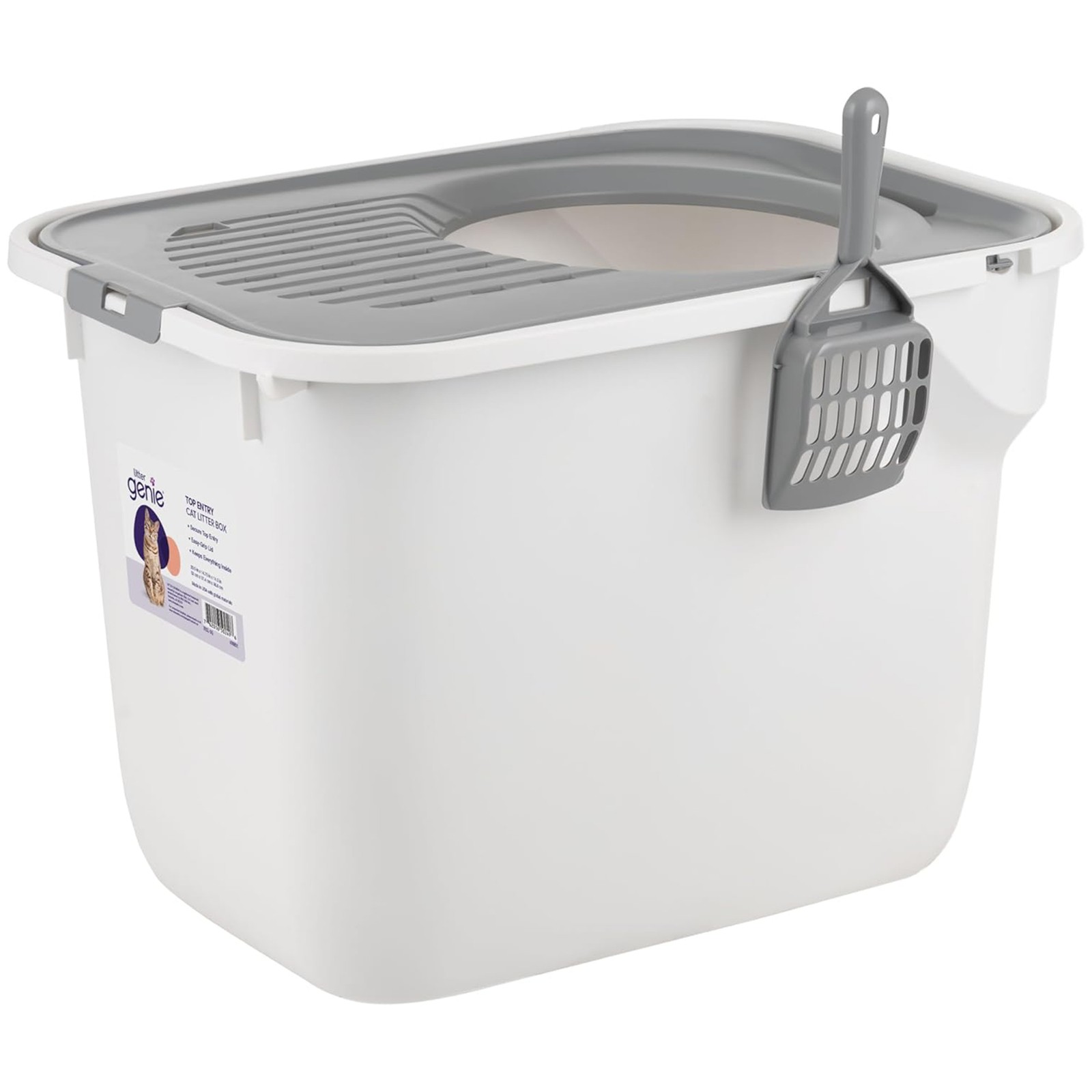 Litter Genie Large Cat Litter Box, Top Entry w/ Catching Lid & Scoop, White/Gray